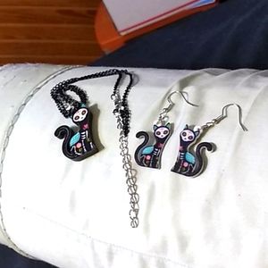 Sugar Skull Cat Necklace and Earrings Set